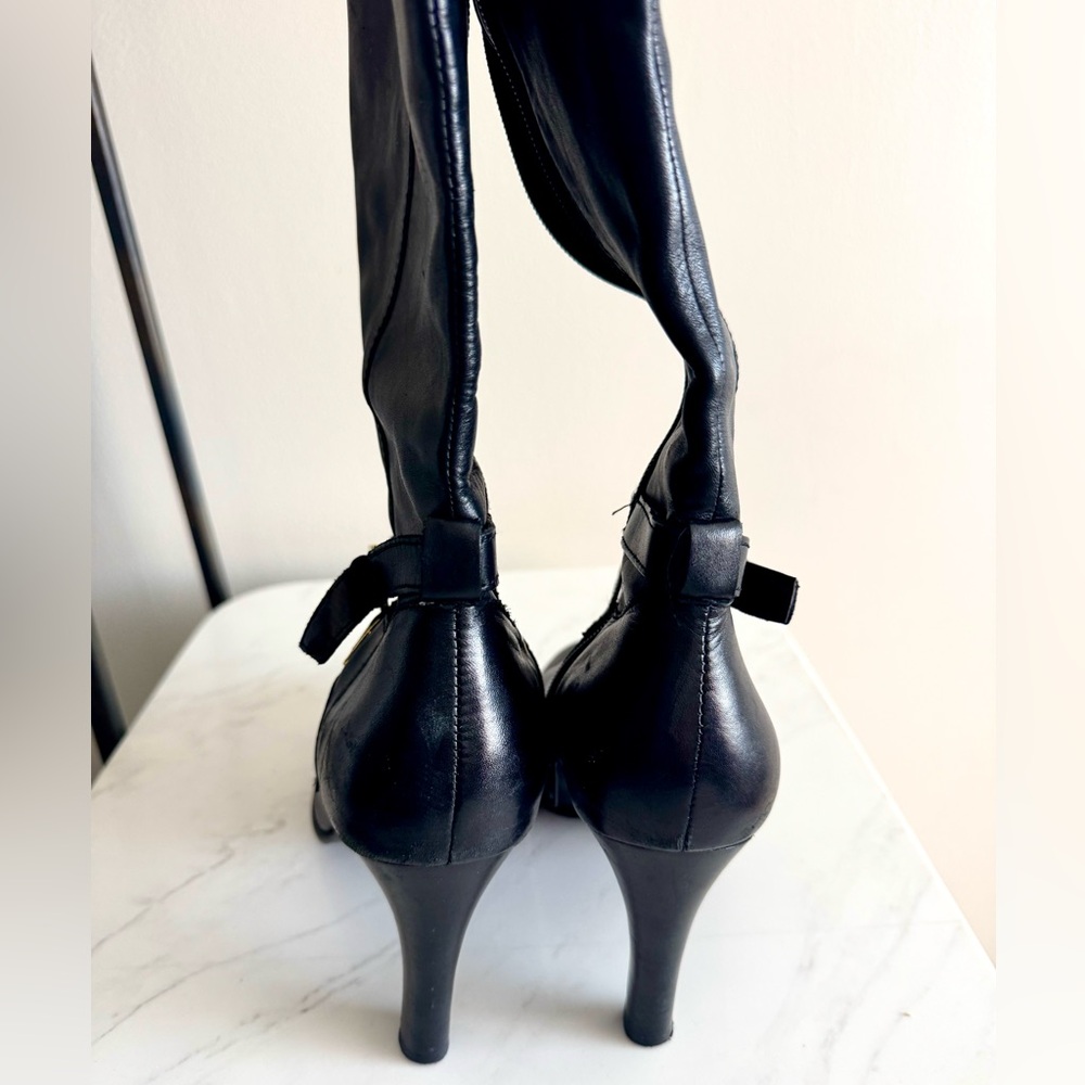 Ralph Lauren Black Leather Knee-High Heeled Boots with Gold Buckle Detail - Picture 3 of 7